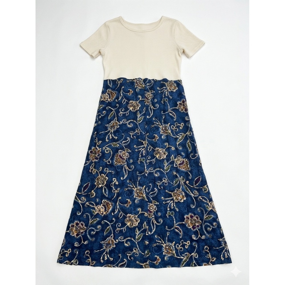 Studio Ease Maxi Dress Women Size 12 Blue Cream Good Vintage Floral Waffle Knit